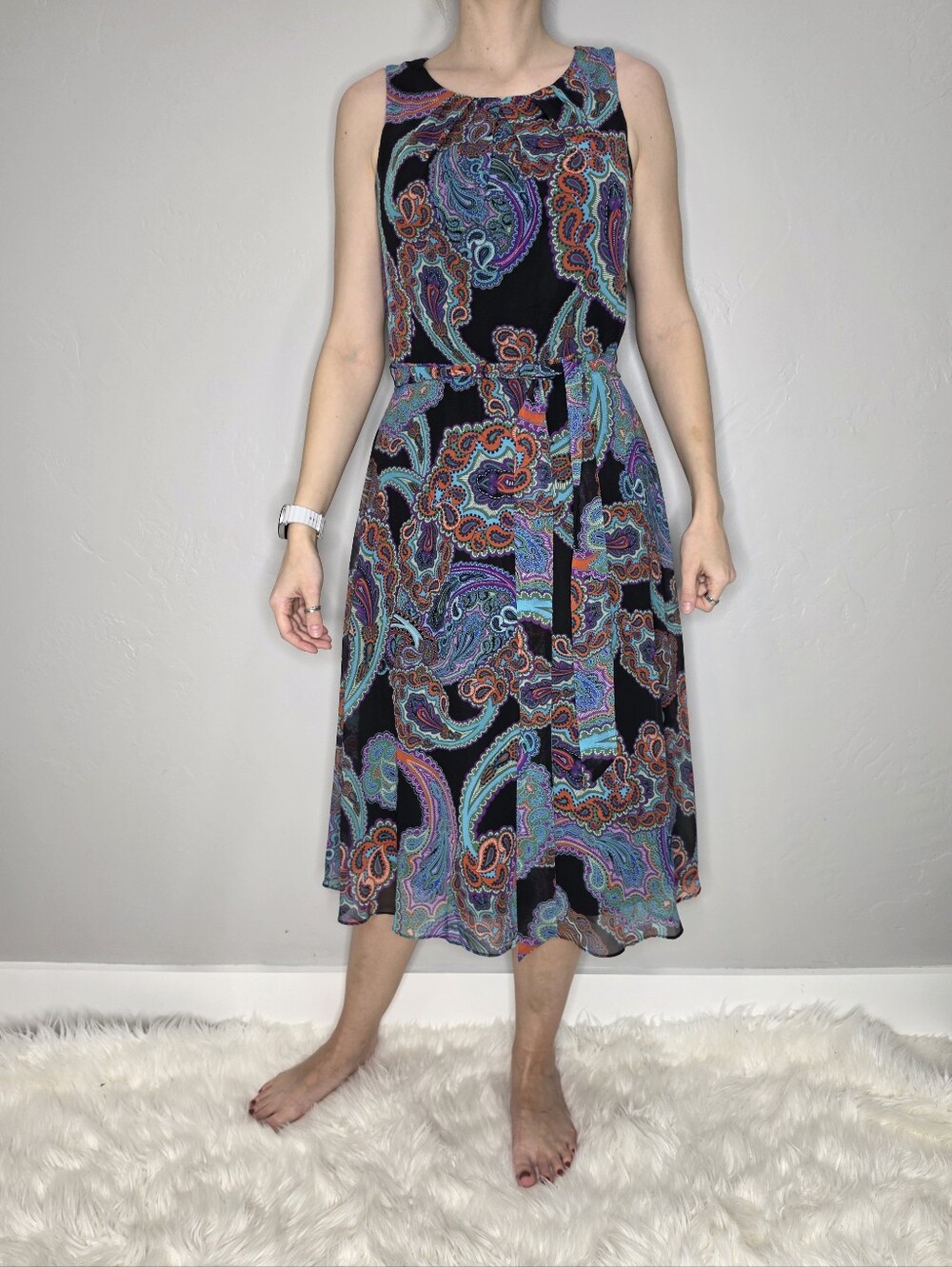 R&K Black Paisley Midi Dress with Tie Waist
